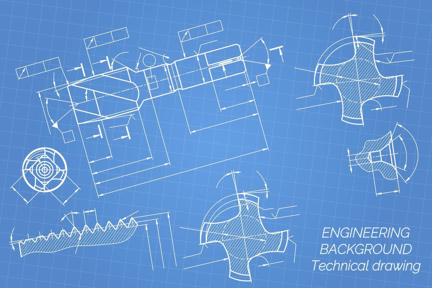 Mechanical engineering drawings on blue background. Tap tools, borer. Technical Design. Cover. Blueprint. illustration. vector