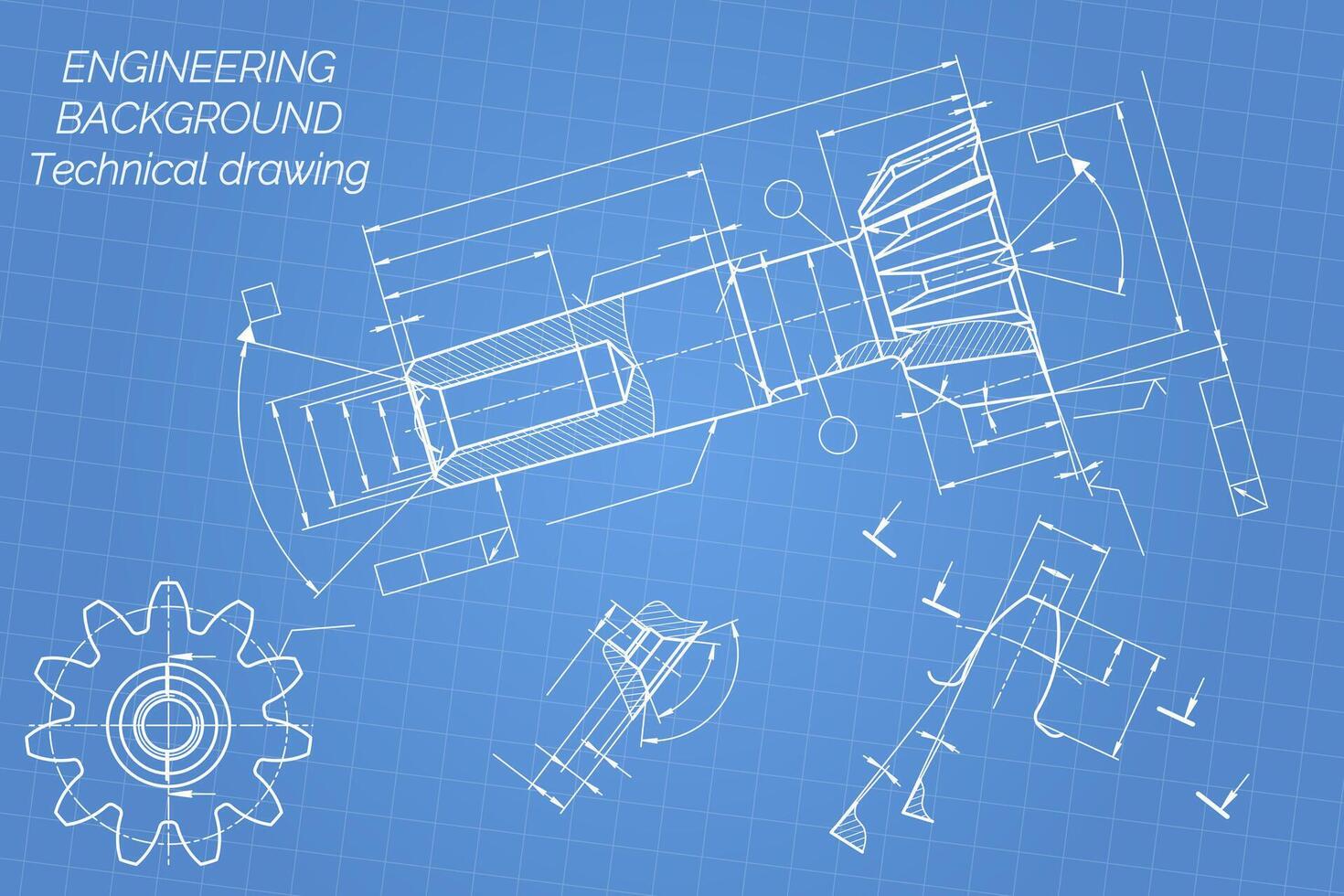 Mechanical engineering drawings on blue background. Tap tools, borer. Technical Design. Cover. Blueprint. illustration. vector