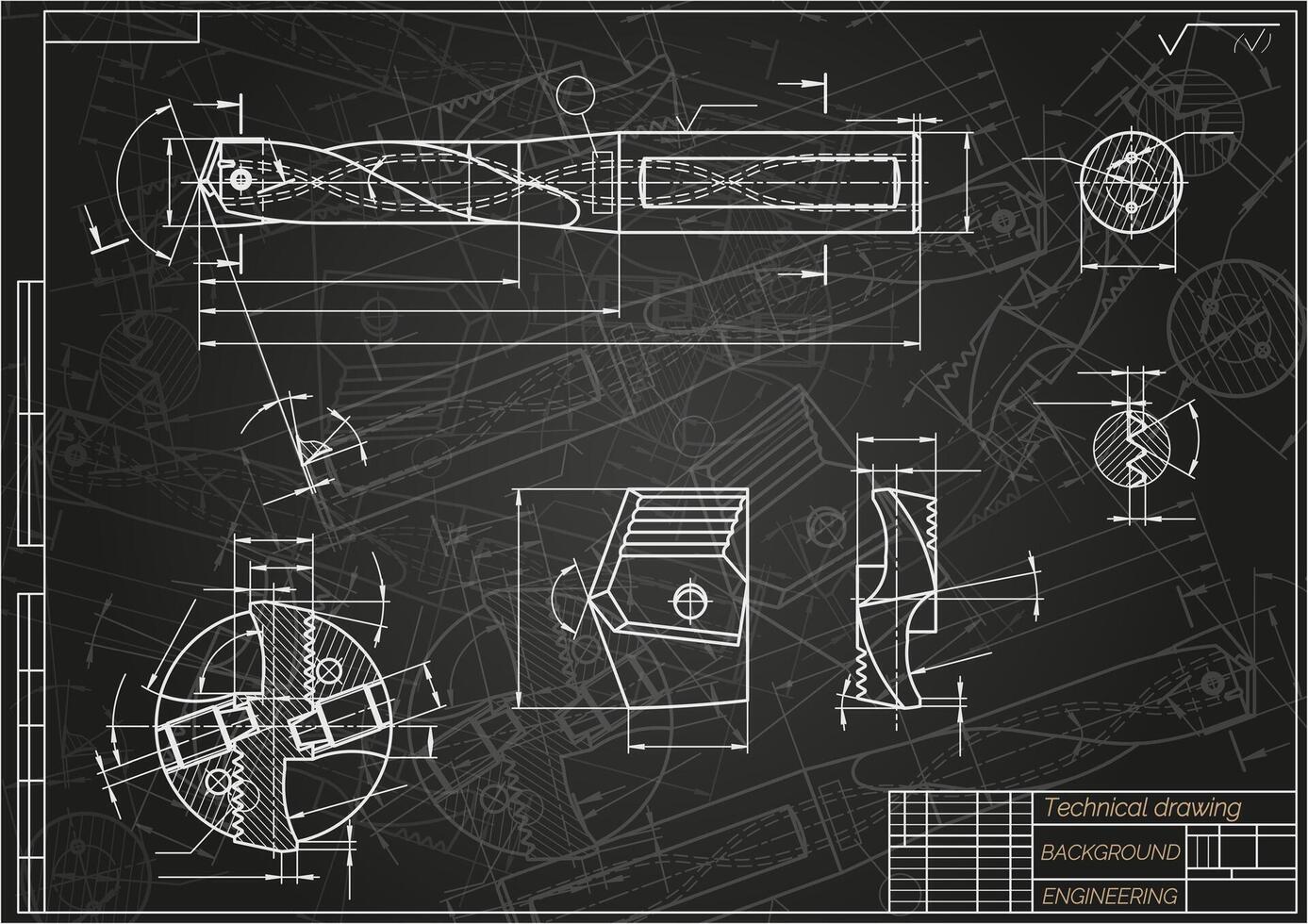 Mechanical engineering drawings on blue background. Drill tools, borer. Technical Design. Cover. Blueprint. illustration. vector