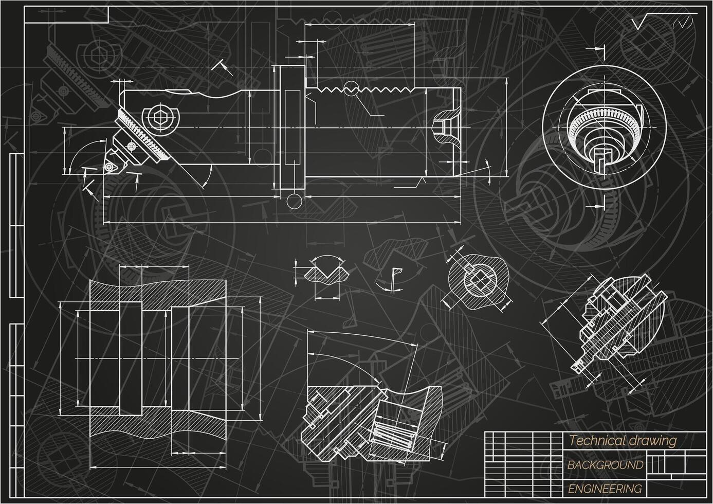 Mechanical engineering drawings on blue background. Boring bar with micrometric adjustment. Technical Design. Cover. Blueprint. illustration. vector