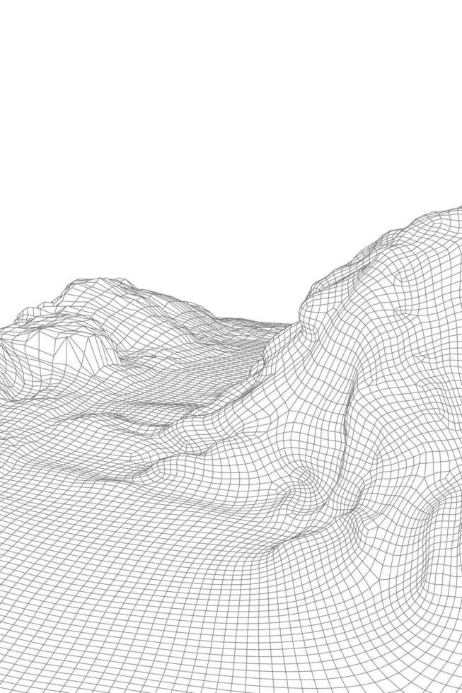 Abstract wireframe landscape background. 3D futuristic mesh mountains. 80s Retro illustration. Cyberspace technology valleys. vector