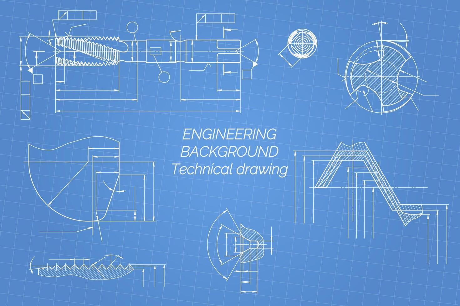 Mechanical engineering drawings on blue background. Tap tools, borer. Technical Design. Cover. Blueprint. illustration. vector