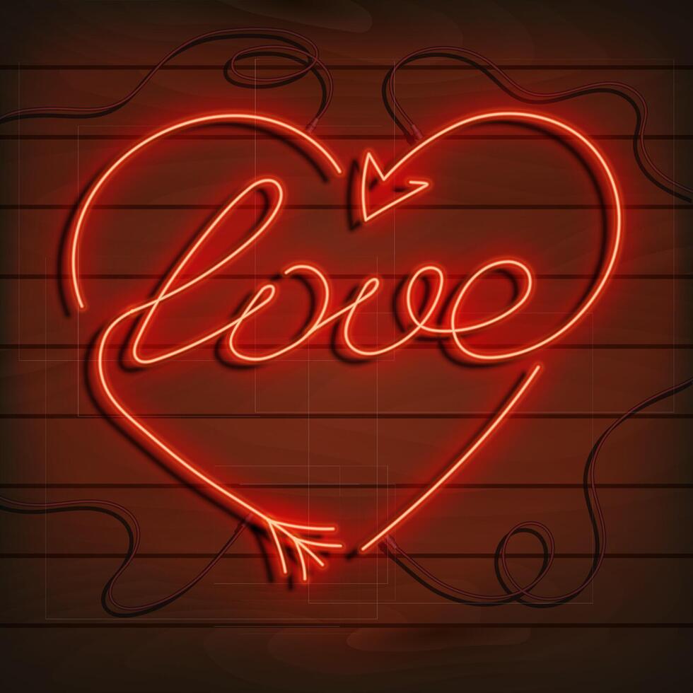 Neon word love. A bright red sign on a wooden wall. Element of design for a happy Valentine s day. illustration. vector