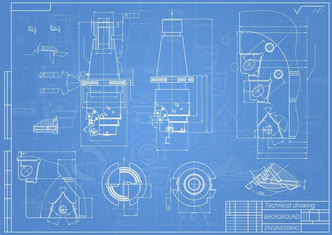 Mechanical engineering drawings on blue background. Tap tools, borer. Technical Design. Cover. Blueprint. illustration. vector