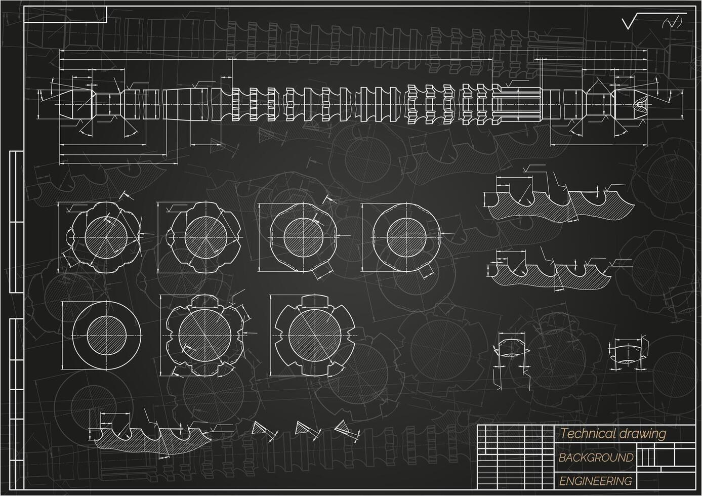 Mechanical engineering drawings on blue background. Broach. Technical Design. Cover. Blueprint. illustration. vector