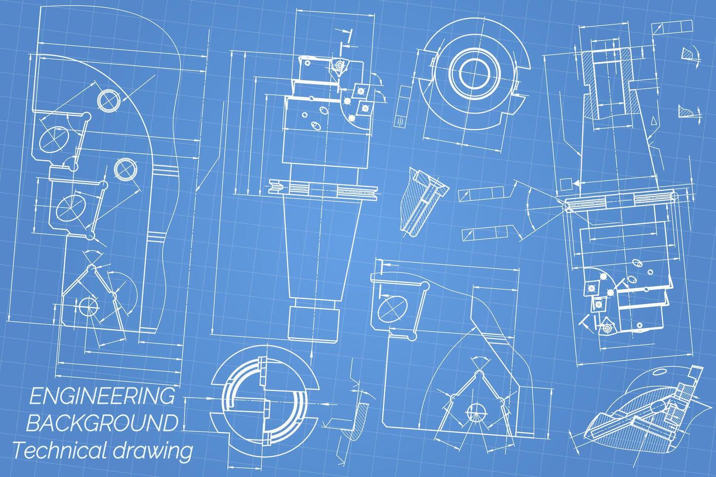 Mechanical engineering drawings on blue background. Tap tools, borer. Technical Design. Cover. Blueprint. illustration. vector