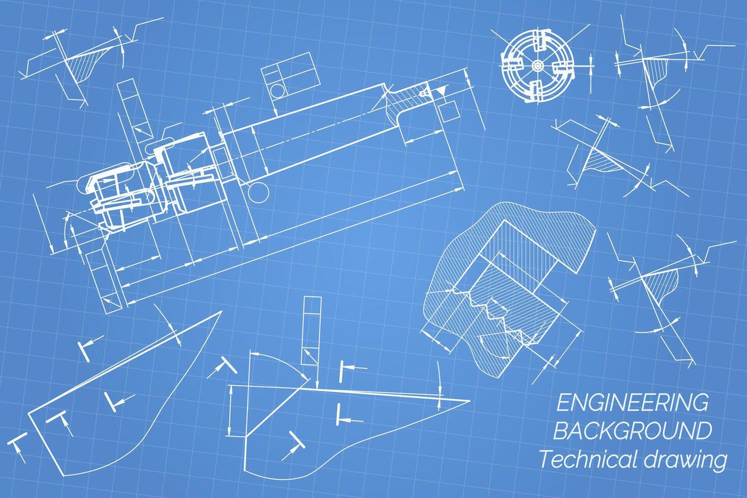 Mechanical engineering drawings on blue background. Tap tools, borer. Technical Design. Cover. Blueprint. illustration. vector