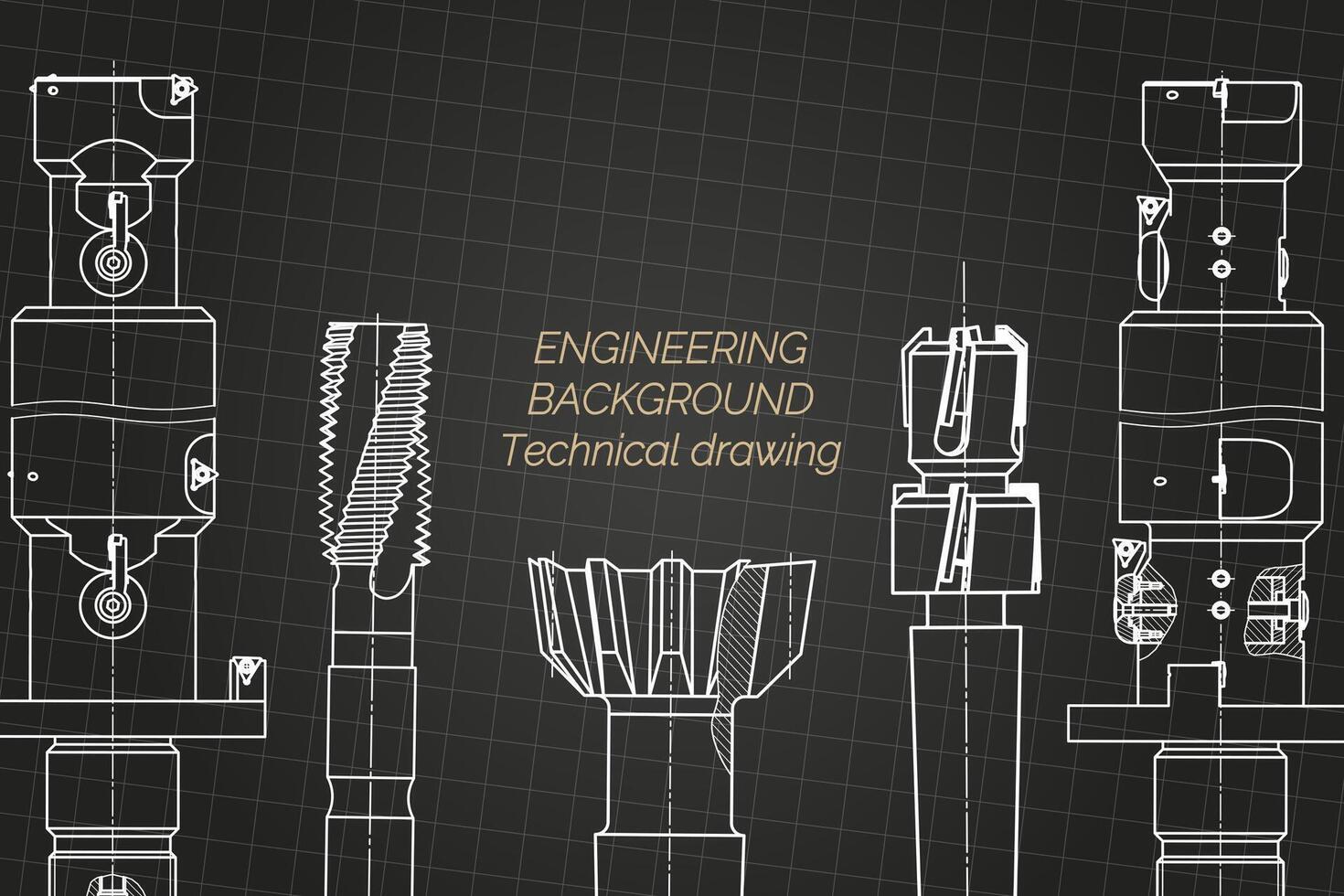 Mechanical engineering drawings on black background. Tap tools, borer. Technical Design. Cover. Blueprint. illustration. vector
