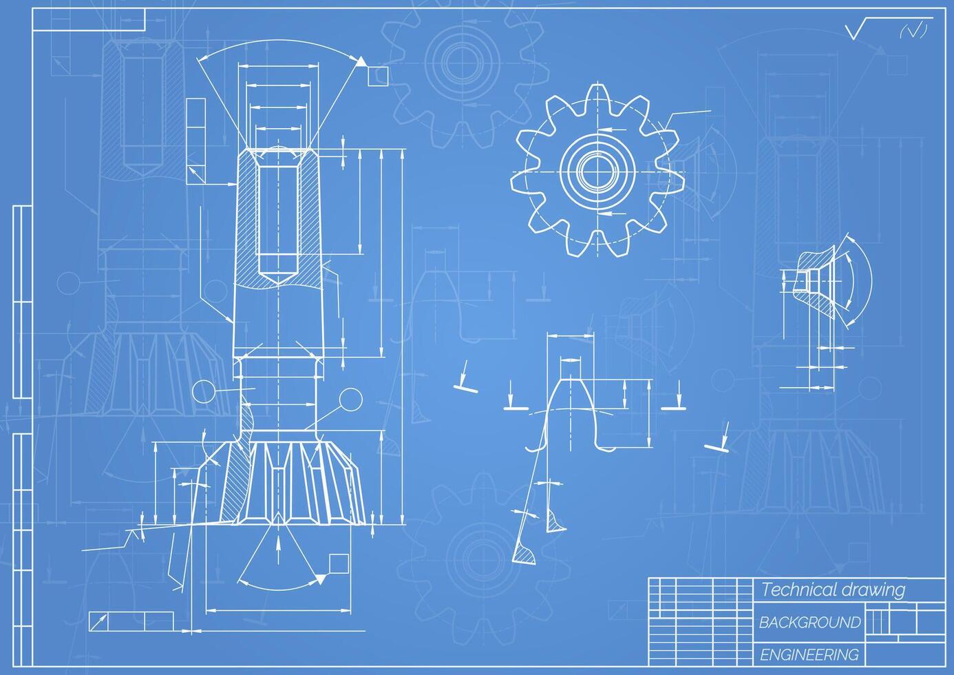 Mechanical engineering drawings on blue background. Tap tools, borer. Technical Design. Cover. Blueprint. illustration. vector