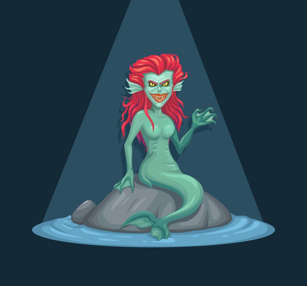 Scary Mermaid Siren mythical creature Cartoon Illustration vector