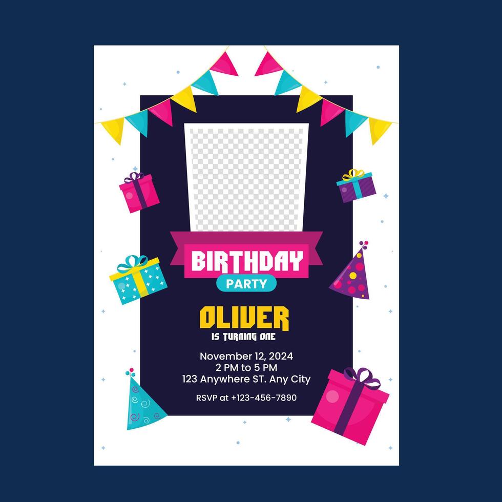 contento cumpleaños invitación tarjeta modelo con fotomóvil vector