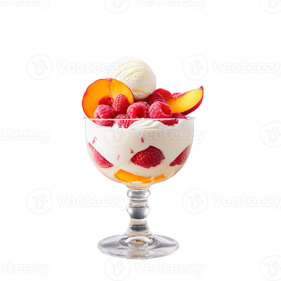 Peach melba sundae vanilla ice cream peach slices and raspberry sauce isolated on transparent Summer png