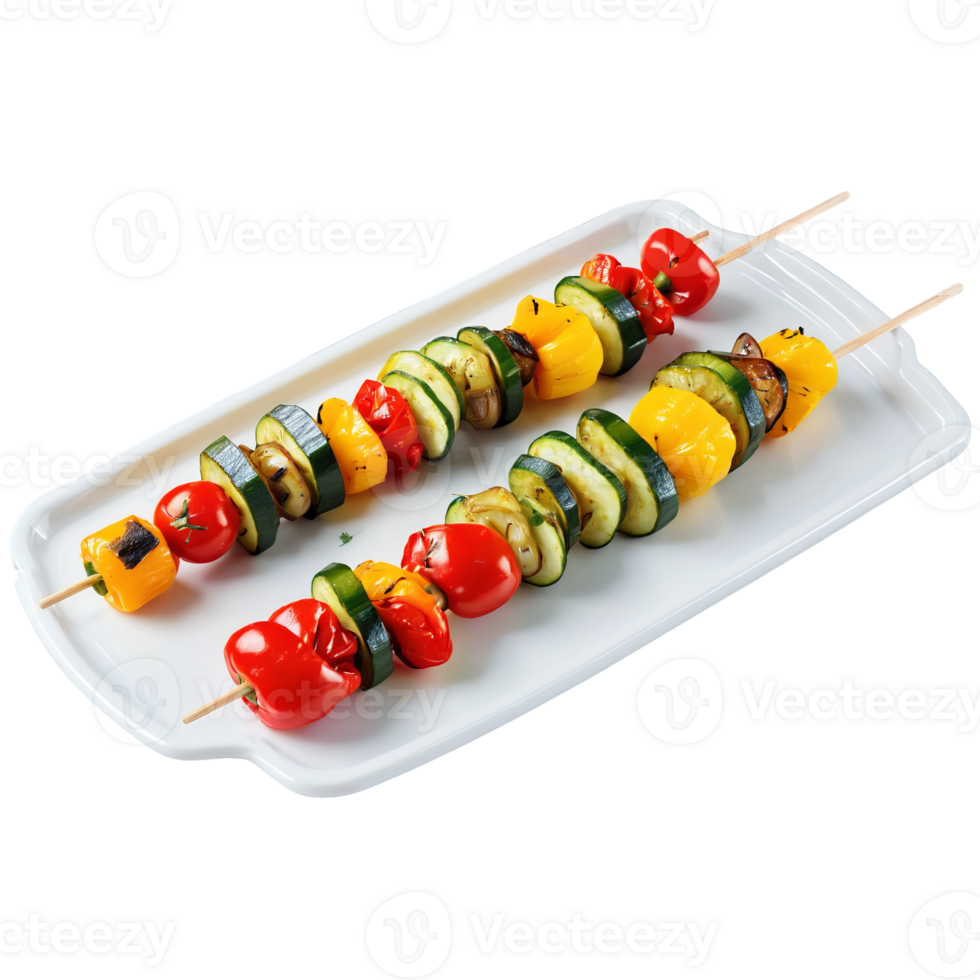 Grilled vegetable skewers with zucchini bell peppers onions and cherry tomatoes on a clear tray png