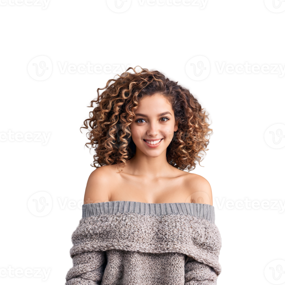 Young woman with voluminous curls and off shoulder sweater adorable face winking eyes breathing mouth. Essence of diverse femininity. png