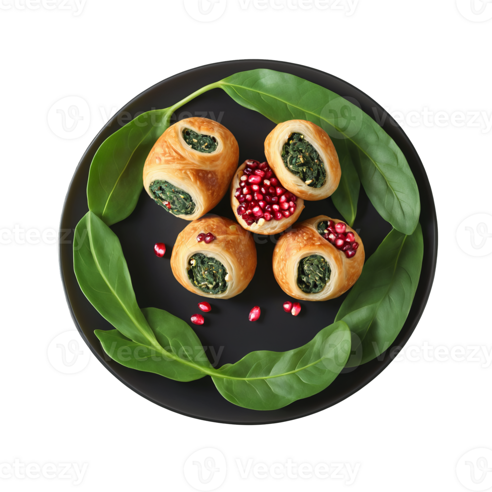 Georgian pkhali spinach rolls walnut paste pomegranate seeds served on a plate Culinary and Food png
