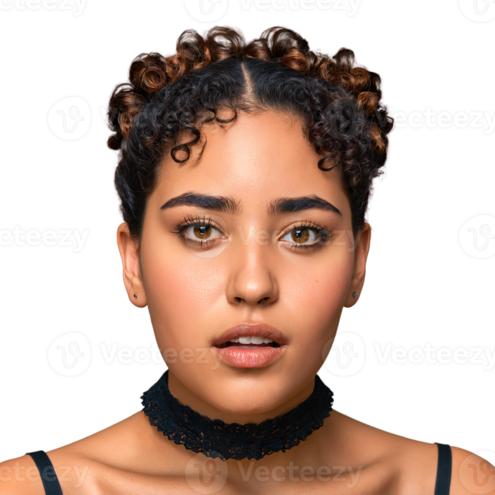 Young South American woman with curly updo and choker necklace cute face seething eyes snarling. Essence of diverse femininity. png
