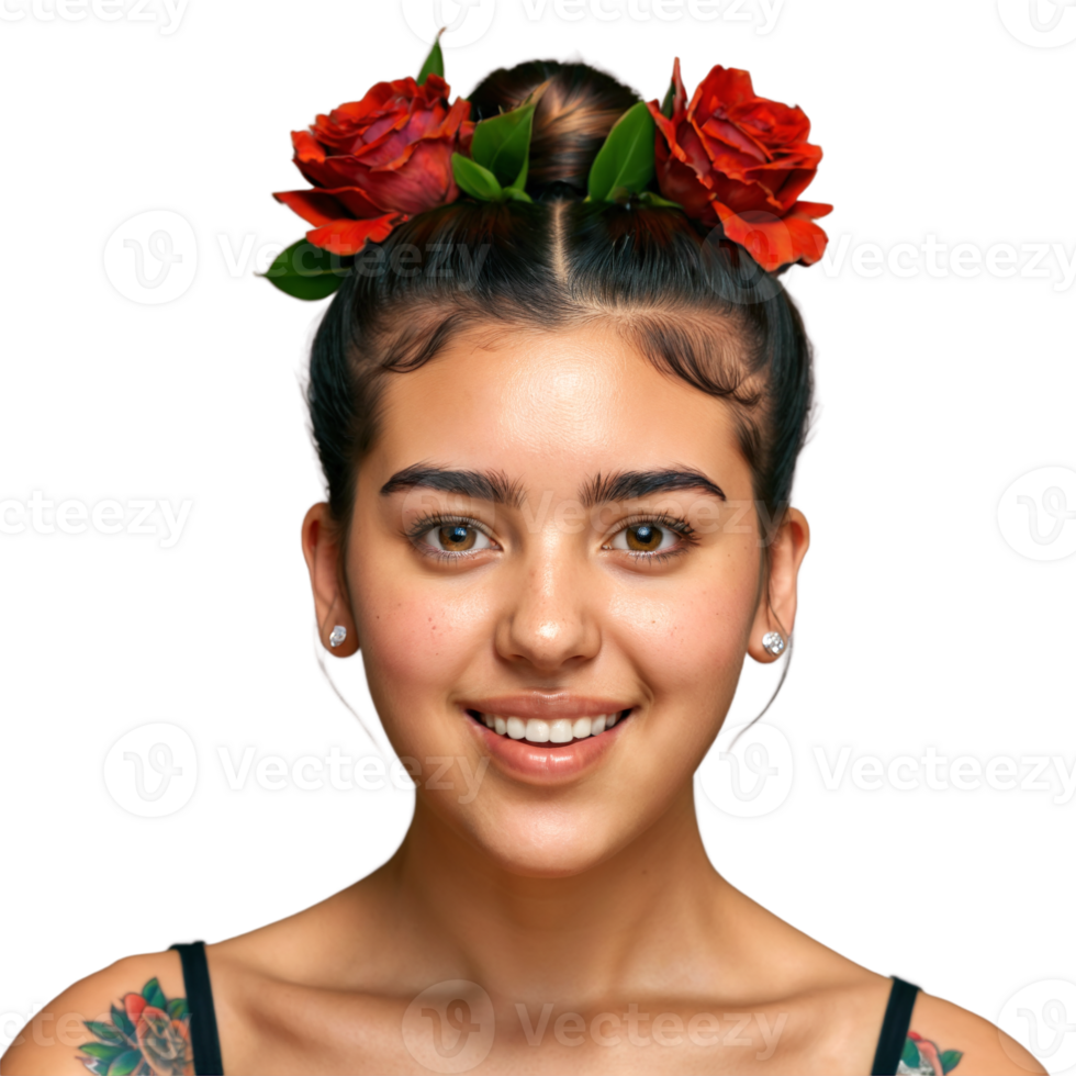 Young woman with half up buns and floral tattoo cute face seething eyes delighting mouth. Essence of diverse femininity. png