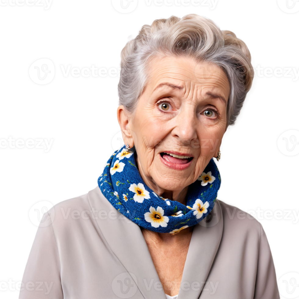 Elderly woman with a updo and a floral scarf cute face piercing eyes gasping mouth. Essence of diverse femininity. png