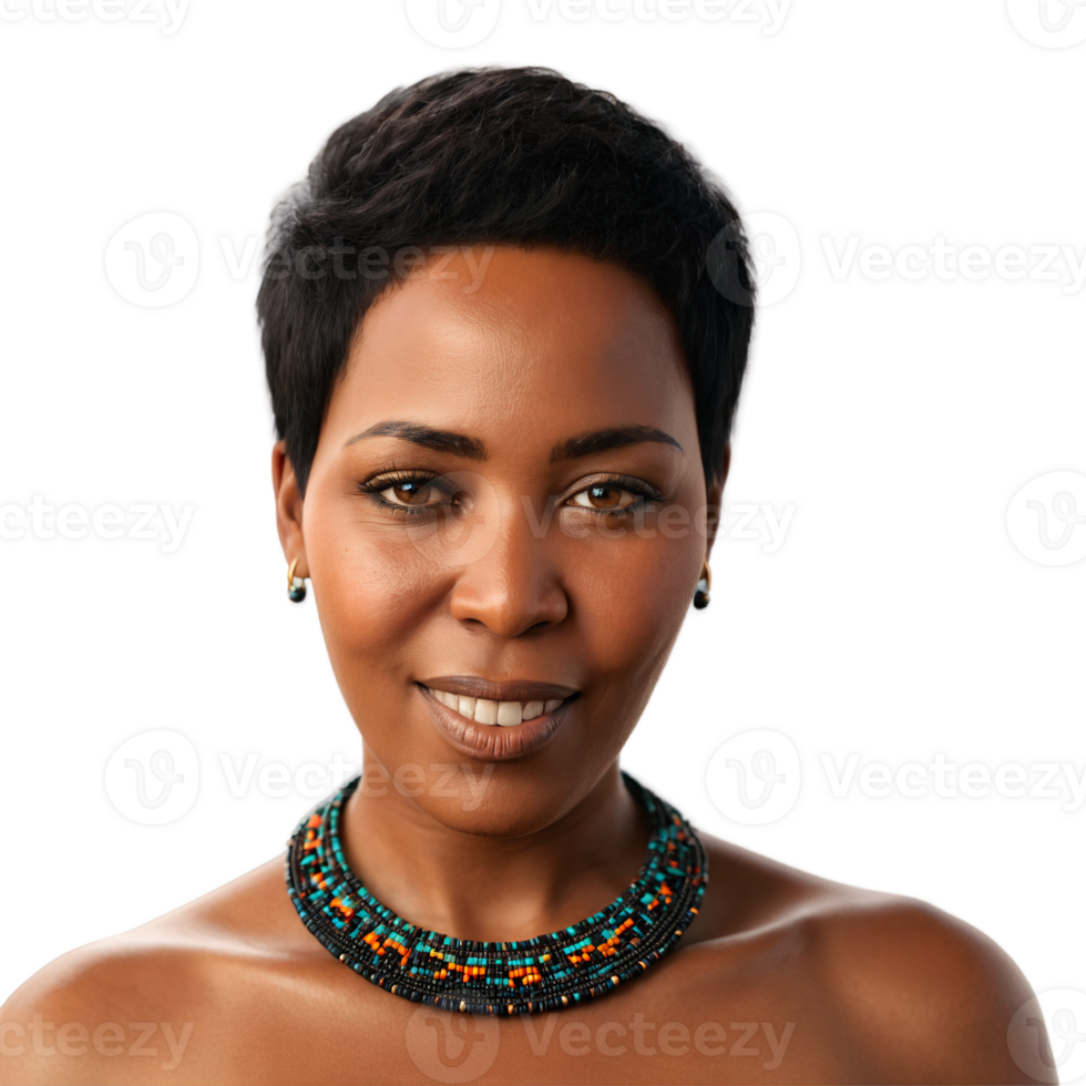 Middle aged African woman with short hair and tribal necklace plain face winking eyes breathing. Essence of diverse femininity. png