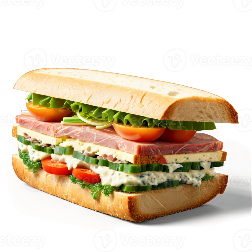 A savory and delicious sandwich in a wide, transparent glass dish, filled with meats, cheeses, and fresh png