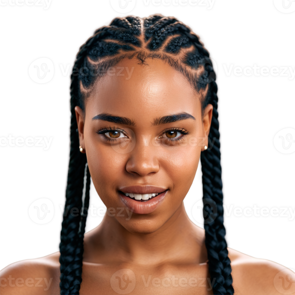 Young African American woman with box braids and tribal tattoo plain face winking eyes gnashing. Essence of diverse femininity. png