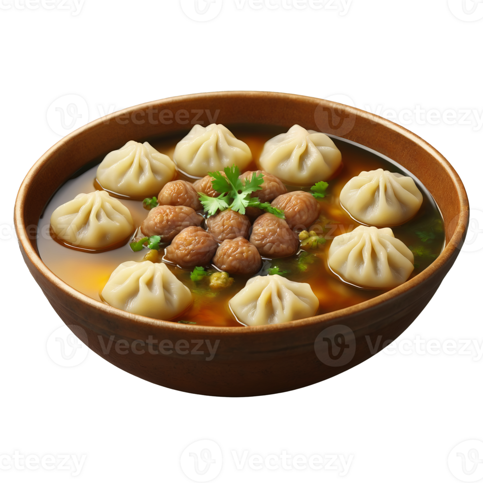 Uzbek chuchvara small dumplings meat filling onions served in a bowl with broth Culinary and png