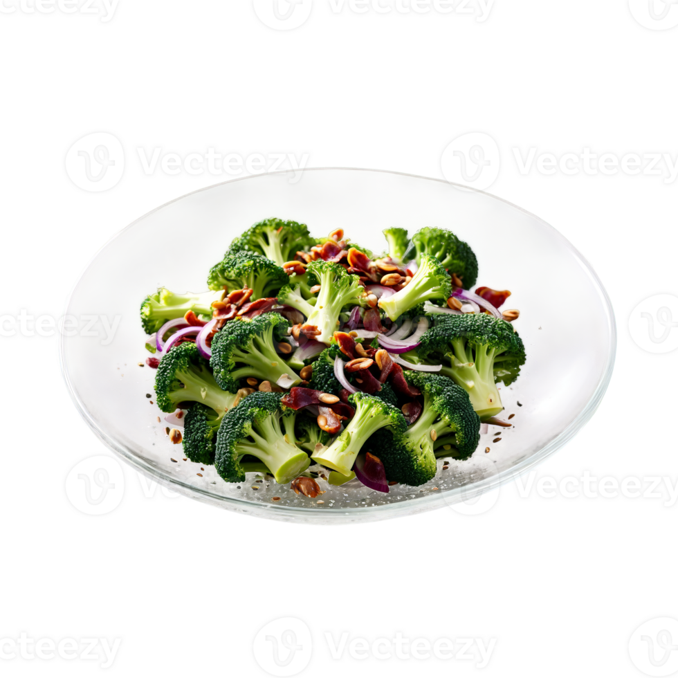 broccoli salade met knapperig broccoli roosjes spek stukjes rood ui en zonnebloem zaden gegooid in png