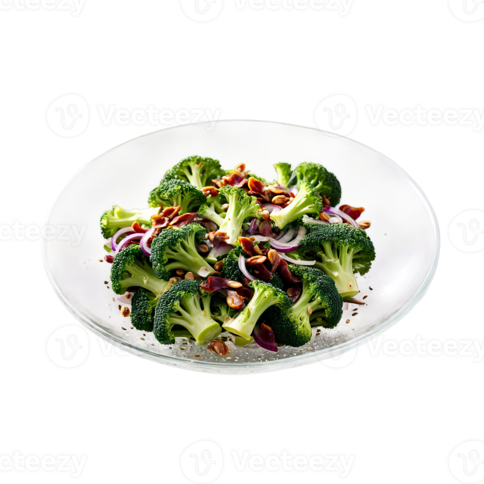 Broccoli salad with crisp broccoli florets bacon bits red onion and sunflower seeds tossed in png