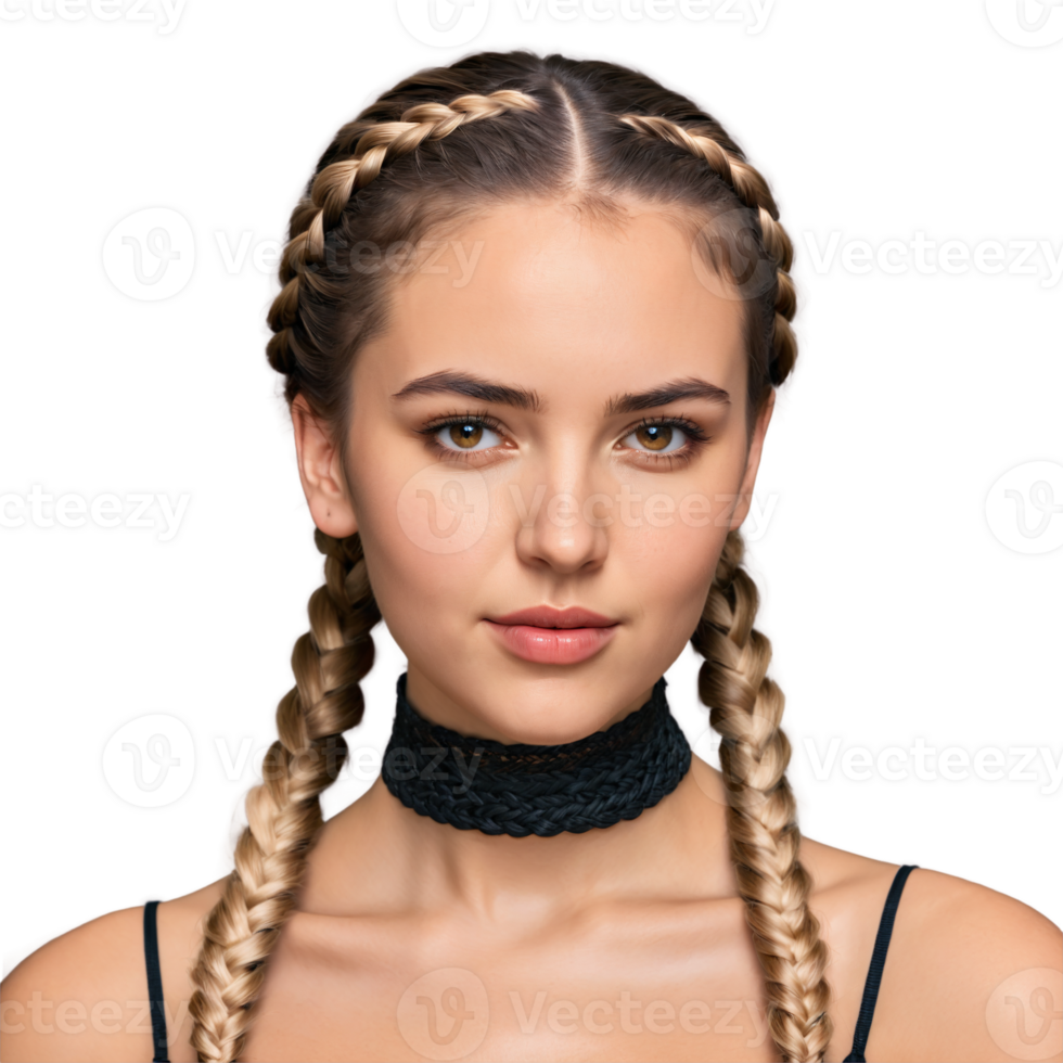 Young woman with side French braid and choker necklace plain face winking eyes pouting mouth. Essence of diverse femininity. png