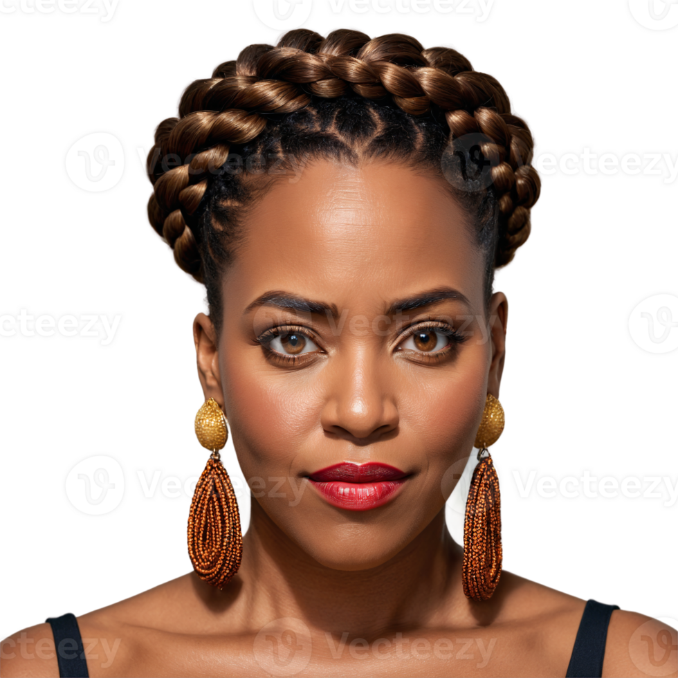 Middle aged African American woman with braided updo and statement earrings attractive face glaring eyes. Essence of diverse femininity. png