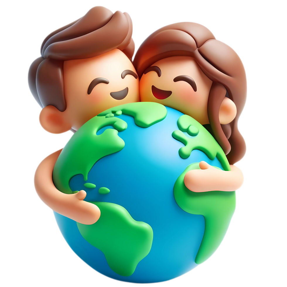 3D Cartoon people hugging the earth concept of earth day and climate change awareness png