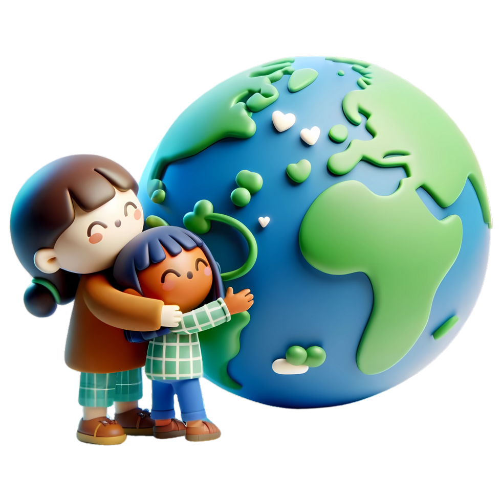 3D Cartoon people hugging the earth concept of earth day and climate change awareness png