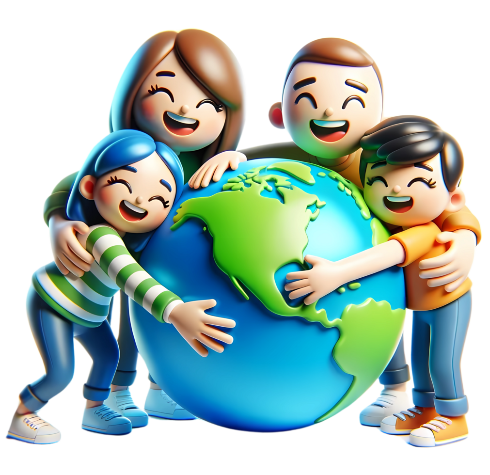 3D Cartoon people hugging the earth concept of earth day and climate change awareness png