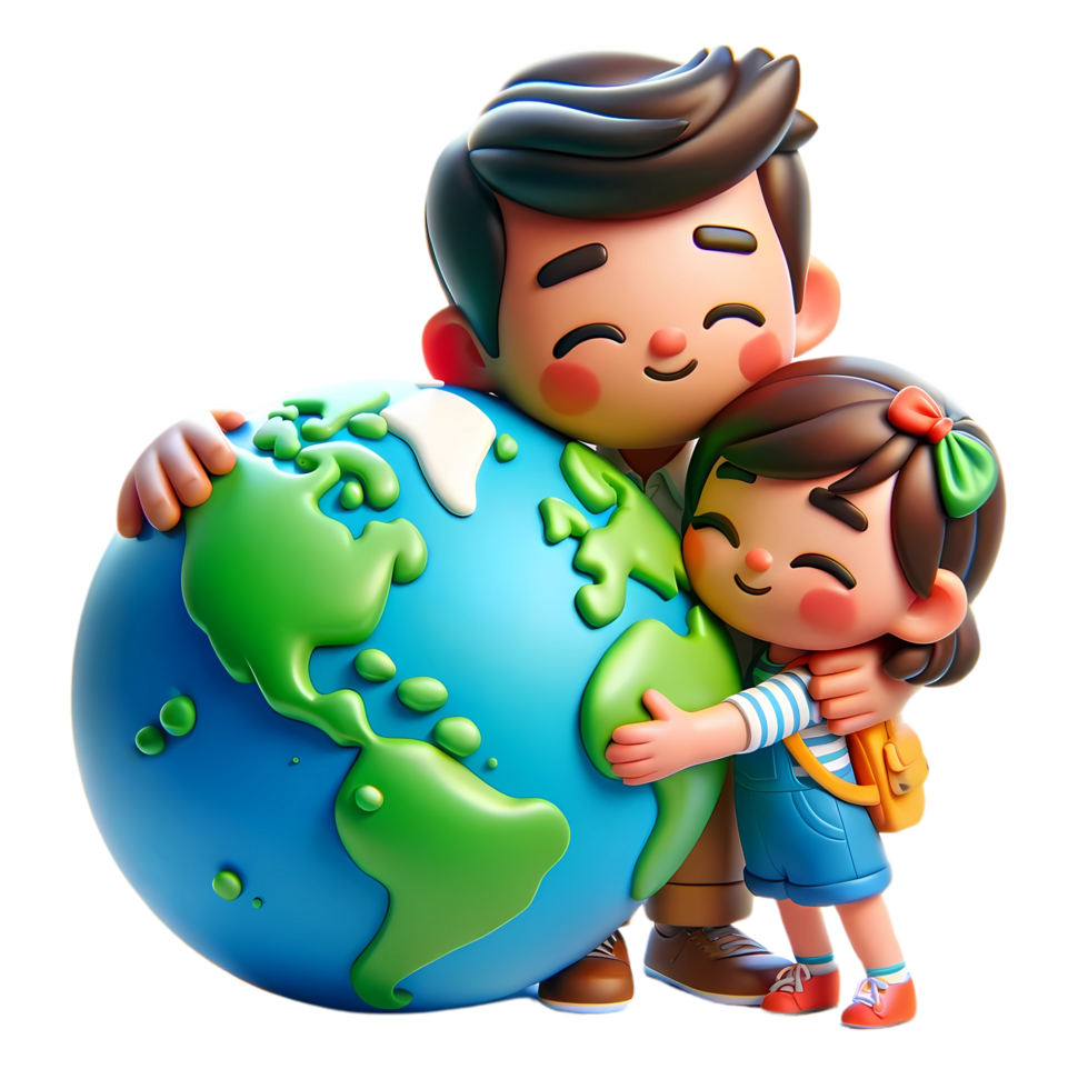 3D Cartoon people hugging the earth concept of earth day and climate change awareness png