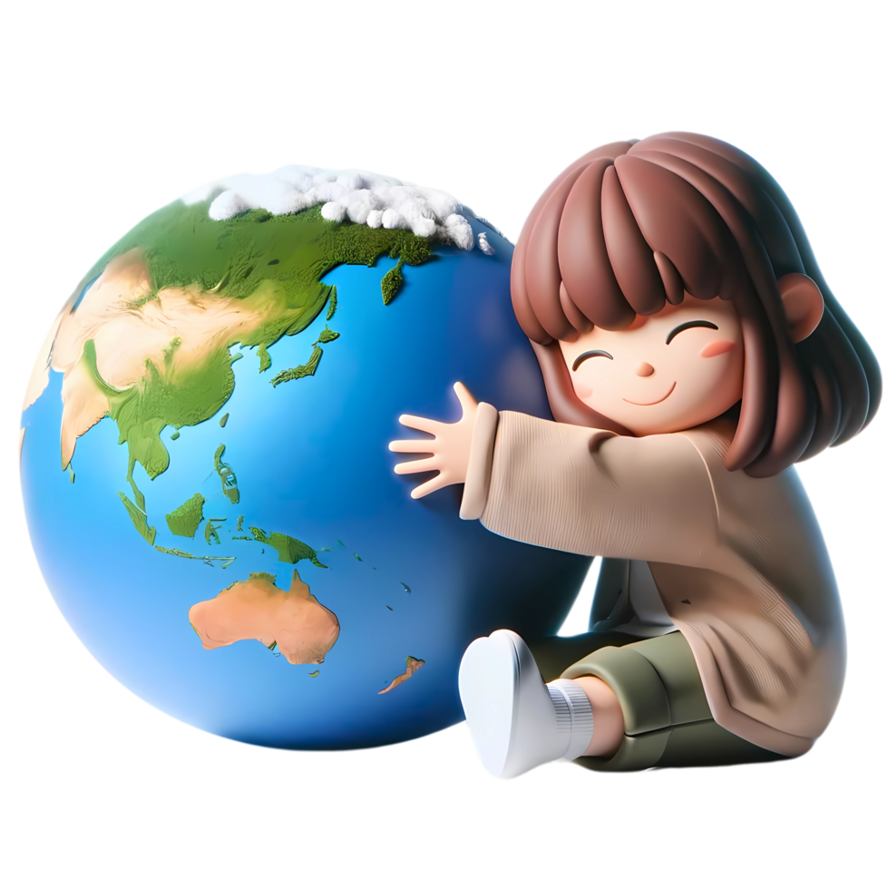3D Cartoon people hugging the earth concept of earth day and climate change awareness png