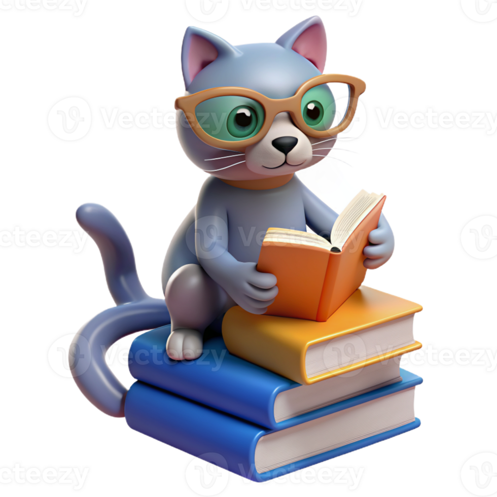 chat perché sur une empiler de livres, portant en train de lire des lunettes et à la recherche studieux, avec une patte atteindre en dehors à tour une page png