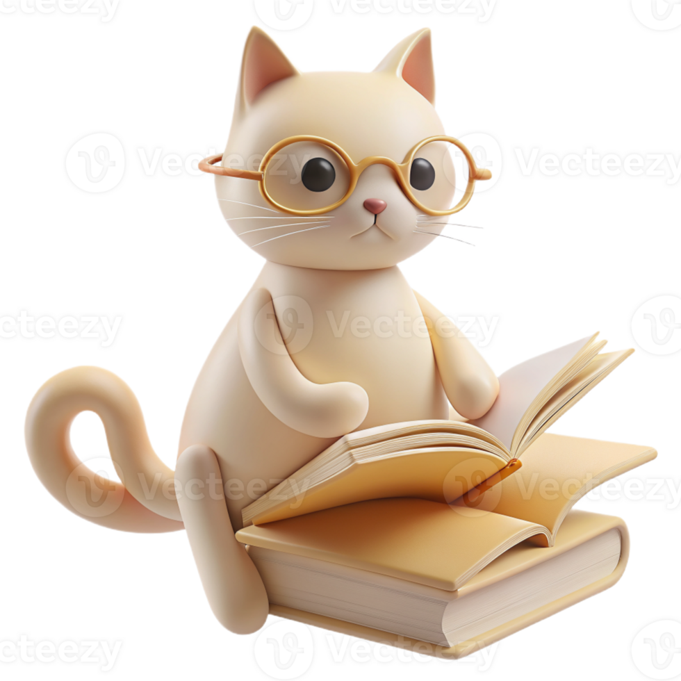 A 3D Image of a Cat Surrounded by Books, Evoking the Aura of a Dedicated Teacher or Enthusiastic Student png