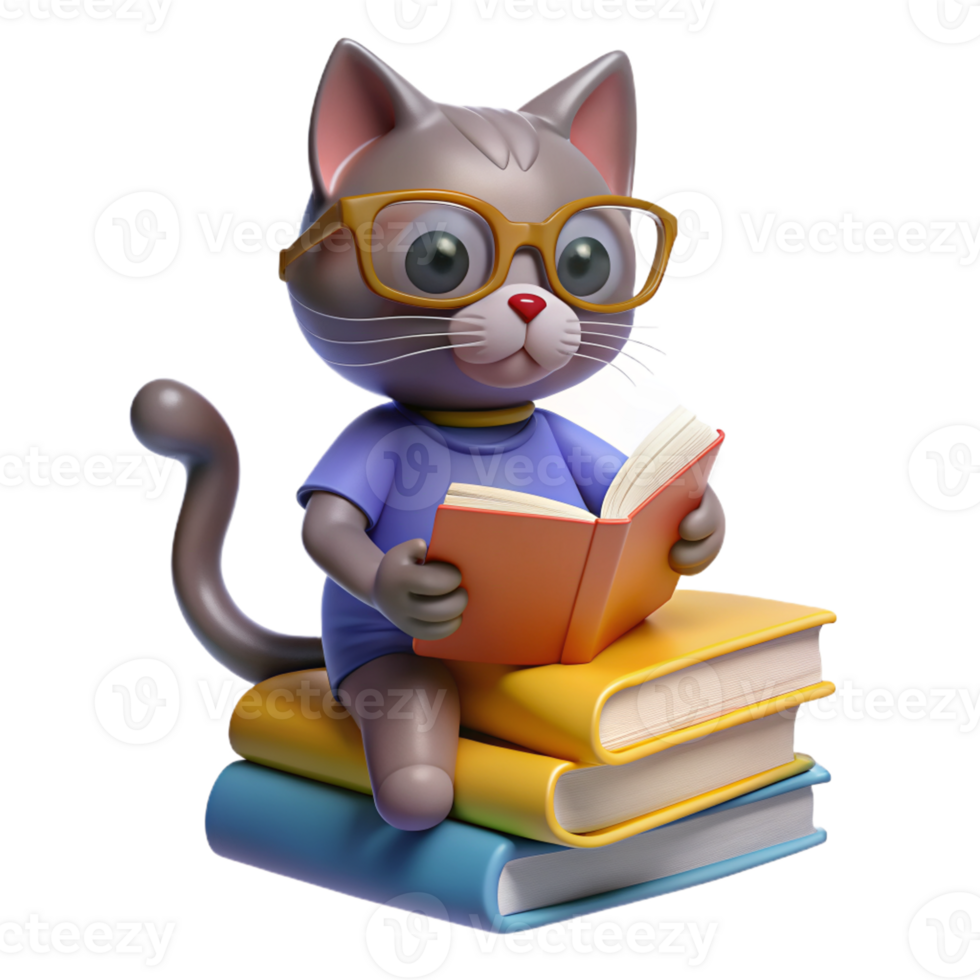 chat perché sur une empiler de livres, portant en train de lire des lunettes et à la recherche studieux, avec une patte atteindre en dehors à tour une page png