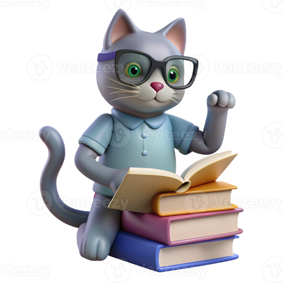 kat neergestreken Aan een stack van boeken, vervelend lezing bril en op zoek leergierig, met een poot bereiken uit naar beurt een bladzijde png