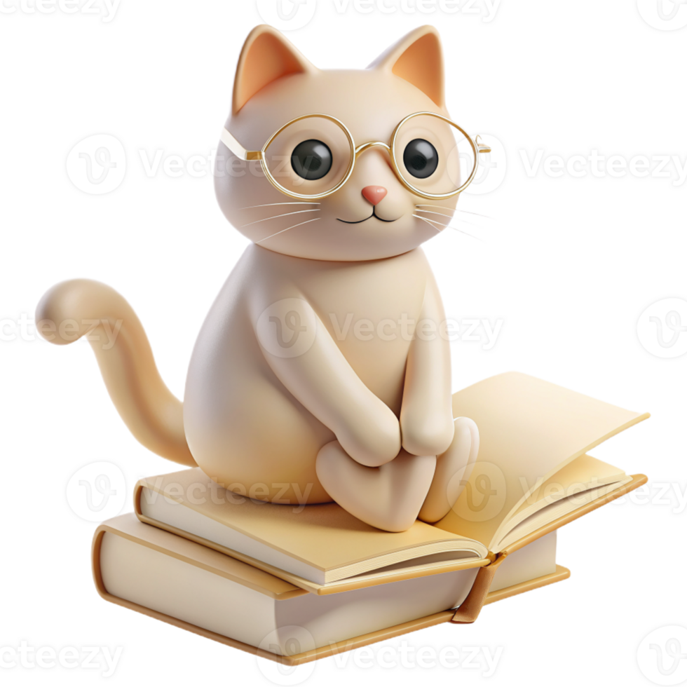 A 3D Image of a Cat Surrounded by Books, Evoking the Aura of a Dedicated Teacher or Enthusiastic Student png