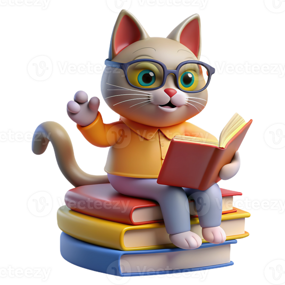 gato encaramado en un apilar de libros, vistiendo leyendo lentes y mirando estudioso, con un pata alcanzando fuera a giro un página png