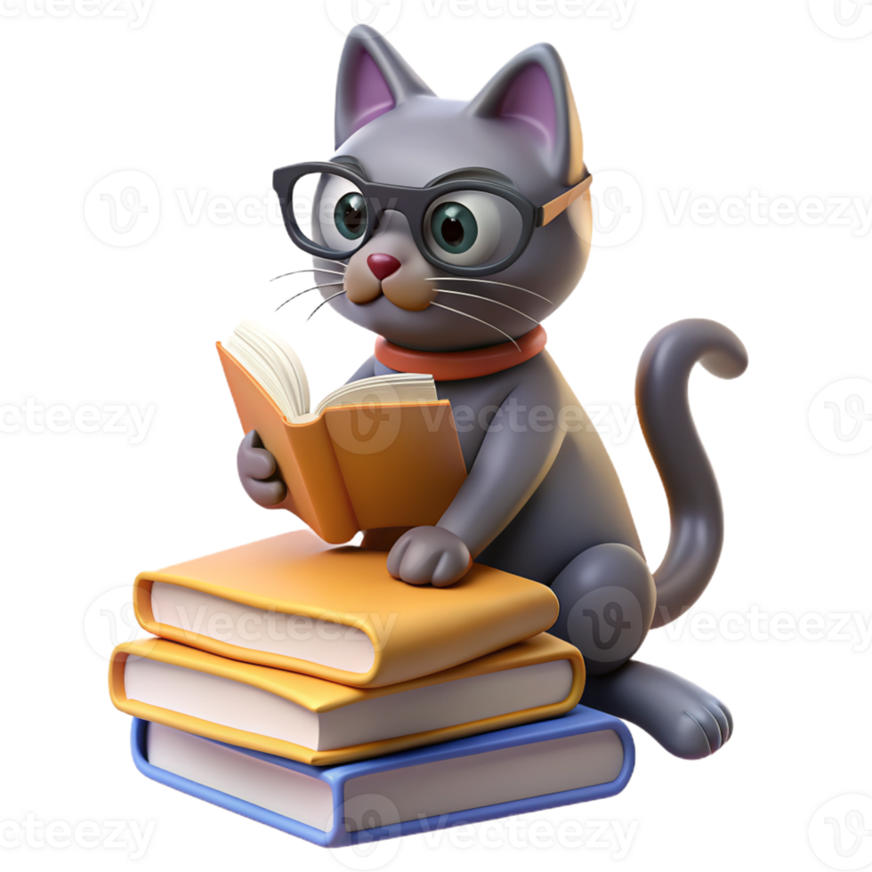 kat neergestreken Aan een stack van boeken, vervelend lezing bril en op zoek leergierig, met een poot bereiken uit naar beurt een bladzijde png