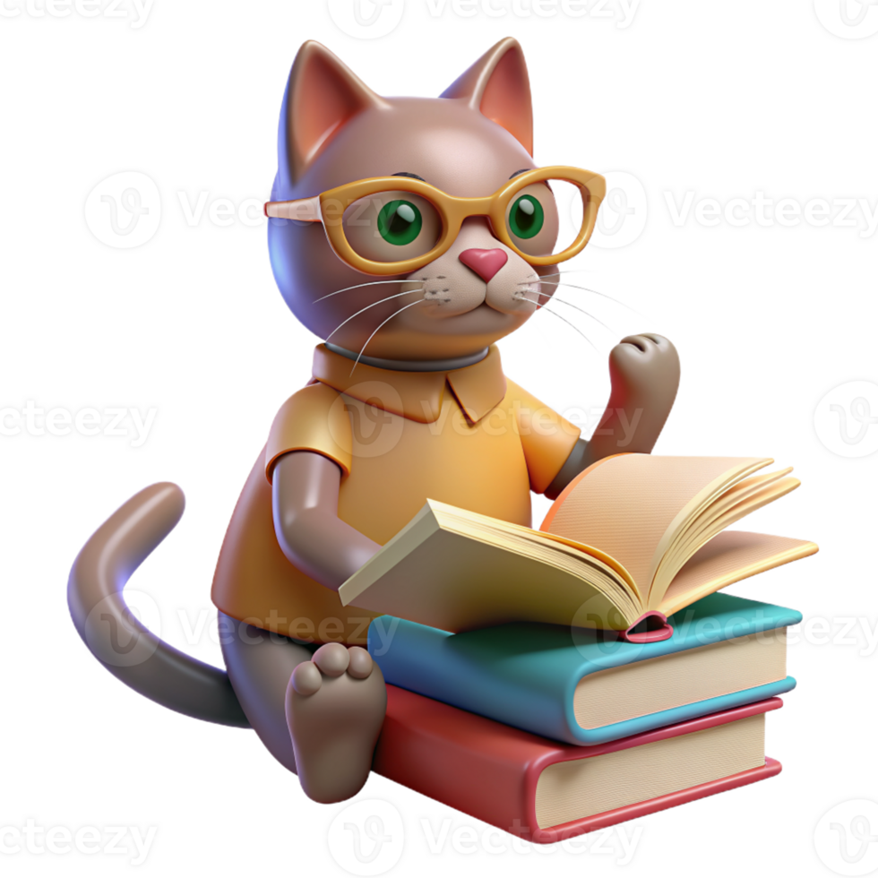 Cat perched on a stack of books, wearing reading glasses and looking studious, with a paw reaching out to turn a page png