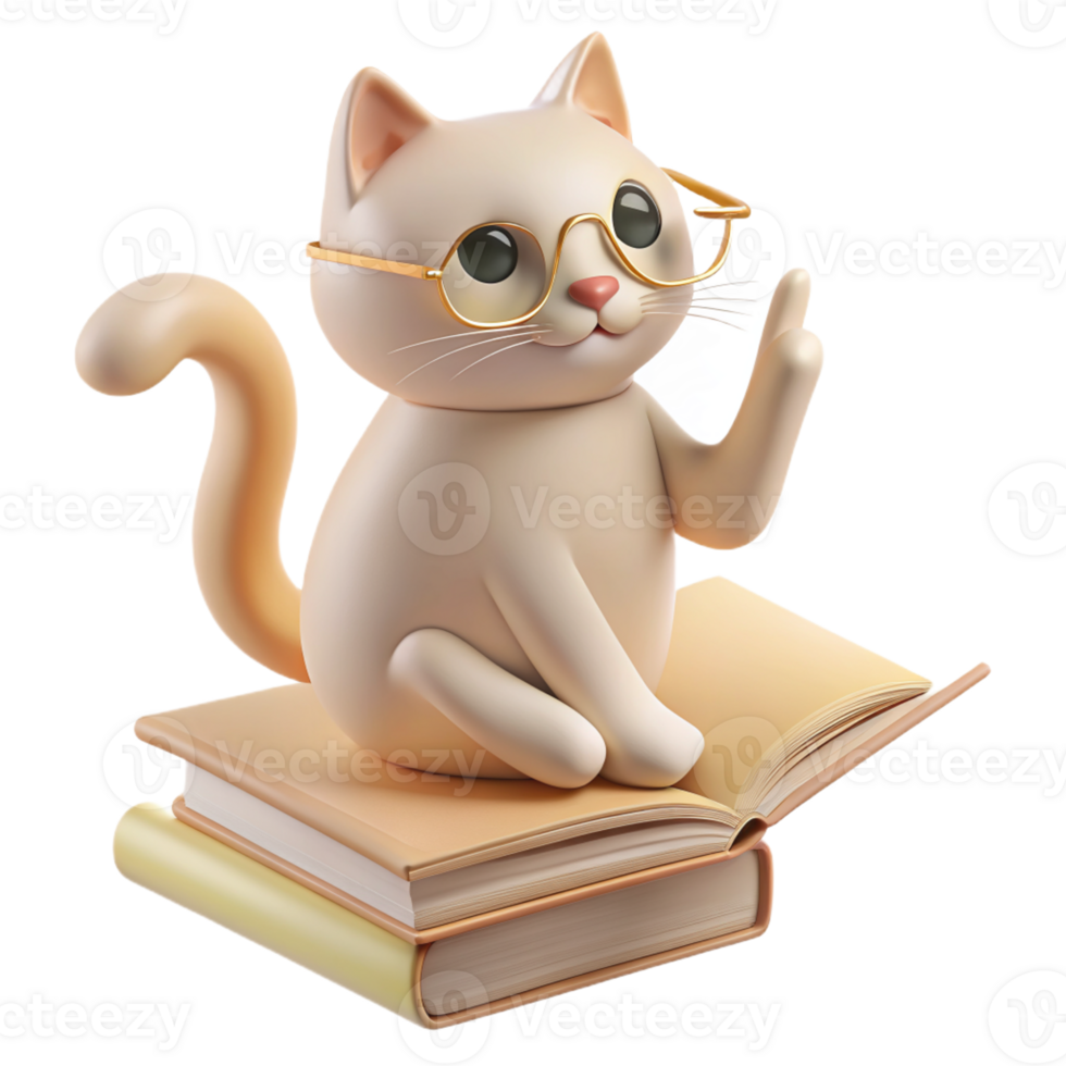 un' 3d Immagine di un' gatto circondato di libri, evocando il aura di un' dedito insegnante o entusiasta alunno png