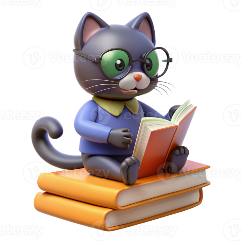 gato encaramado en un apilar de libros, vistiendo leyendo lentes y mirando estudioso, con un pata alcanzando fuera a giro un página png