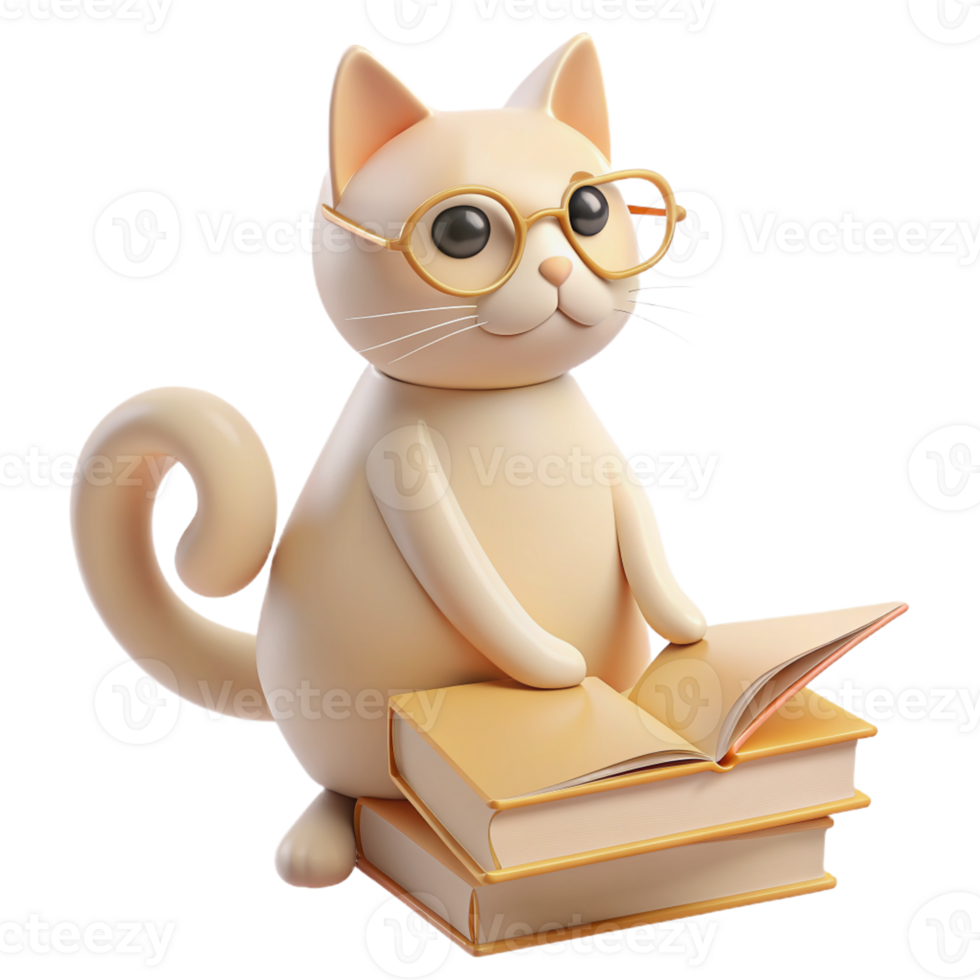 un' 3d Immagine di un' gatto circondato di libri, evocando il aura di un' dedito insegnante o entusiasta alunno png