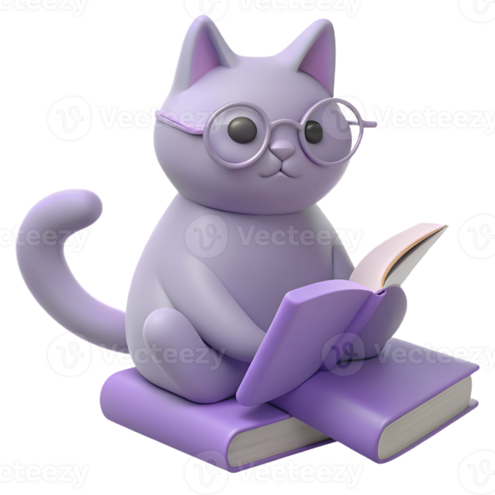 Cat 3D Image of Surrounded by Books, Evoking the Aura of a Dedicated Teacher or Enthusiastic Studen png