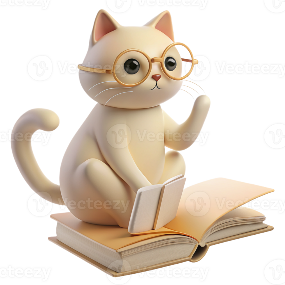 un' 3d Immagine di un' gatto circondato di libri, evocando il aura di un' dedito insegnante o entusiasta alunno png