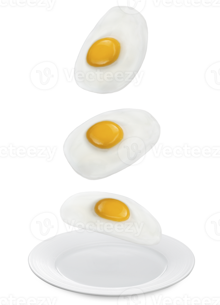 fried eggs falling down. with a plate at the bottom, transparent background png