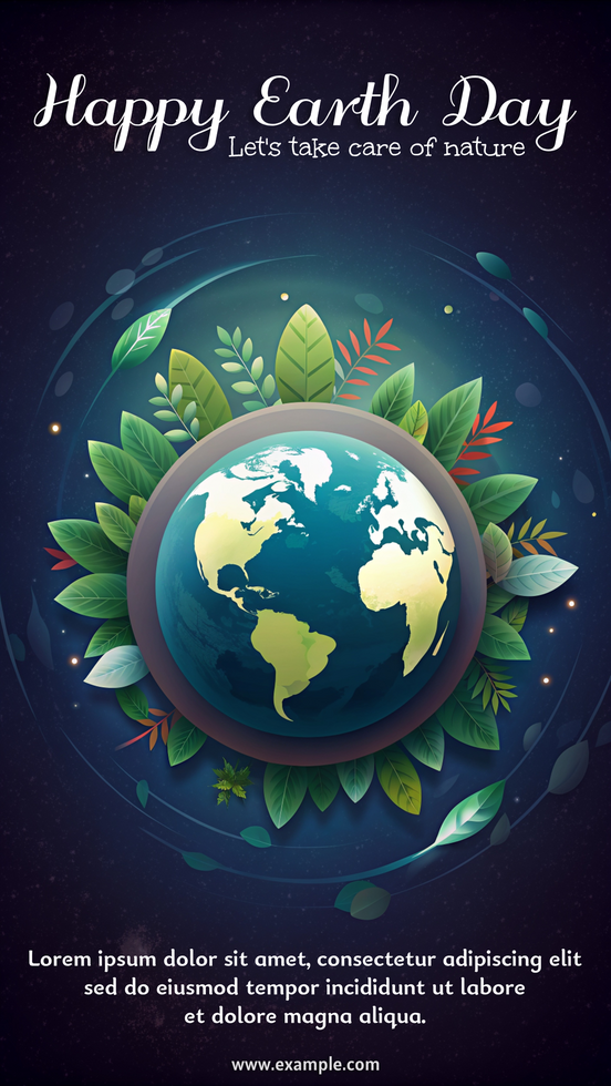 A poster for Earth Day with a green planet and leaves surrounding it psd